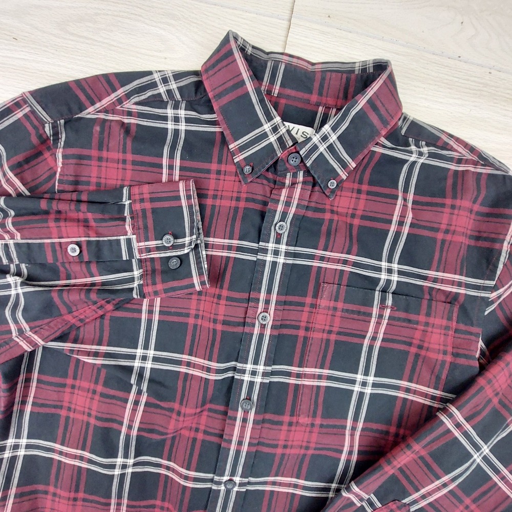 Orvis Shirt Mens Large Button Down Plaid Burgundy Blue Cotton Long Sleeve Dad